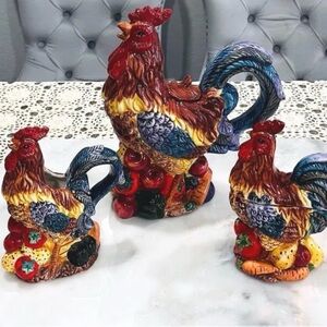 Colorful Rooster Ceramic Figurine Set